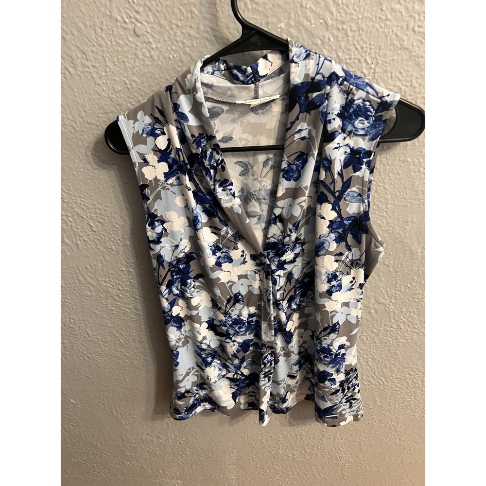 Womens Calvin Klein Sleeveless Blouse Top Size Small Blue White